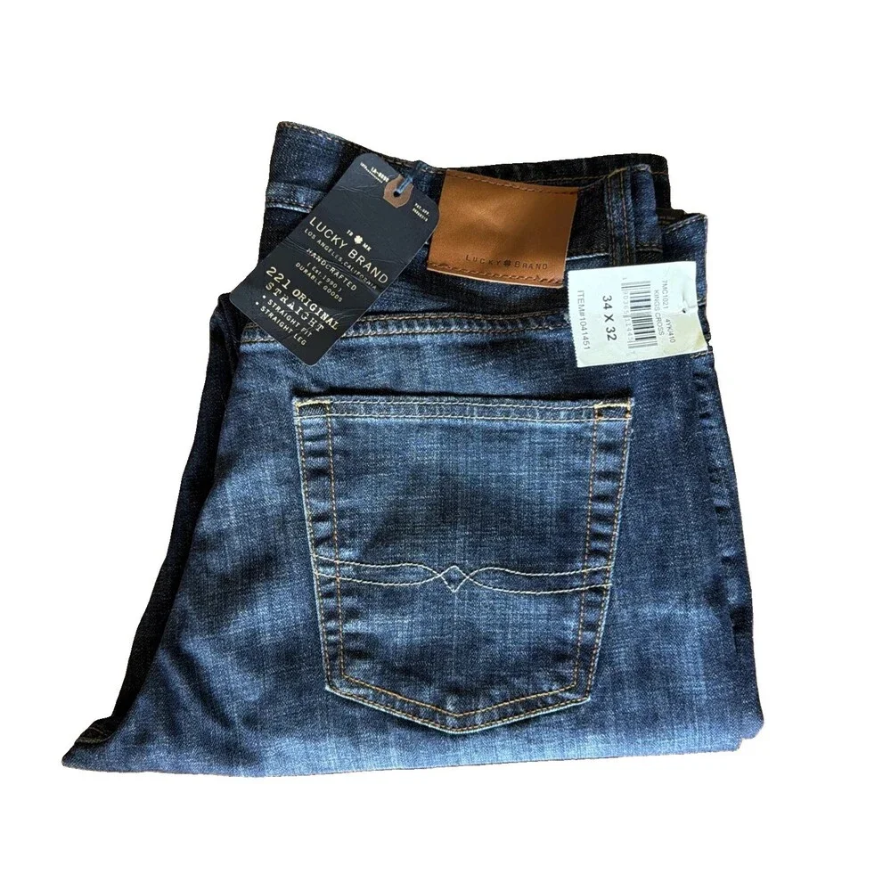 Lucky Brand 221 Original Straight Jeans Mens 34x32 Blue Dark Wash Denim Stretch